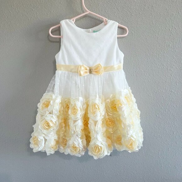 Nannette Baby Girl White Dress w/ Yellow 3D Rosettes - Formal Dress 24 Months - Picture 1 of 7